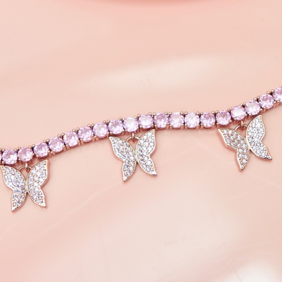 CZ Pink Tennis Chain Baby Butterfly Charmed Choker - Picture 2 of 8